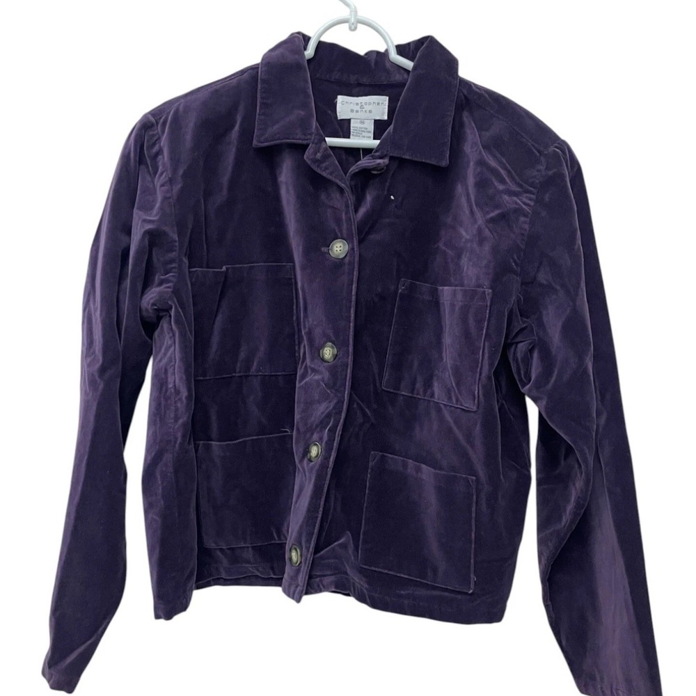 Christopher & Banks Purple Velvet Button Front Jacket Womens Size M‎ Long Sleeve